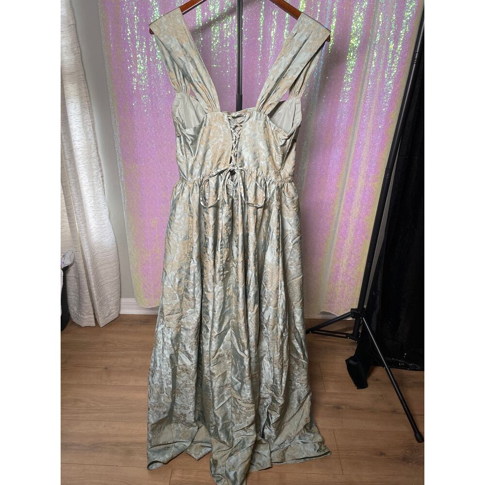 Elegant Blue-Green Brocade Maxi Dress with Square Neck - Picture 7 of 13